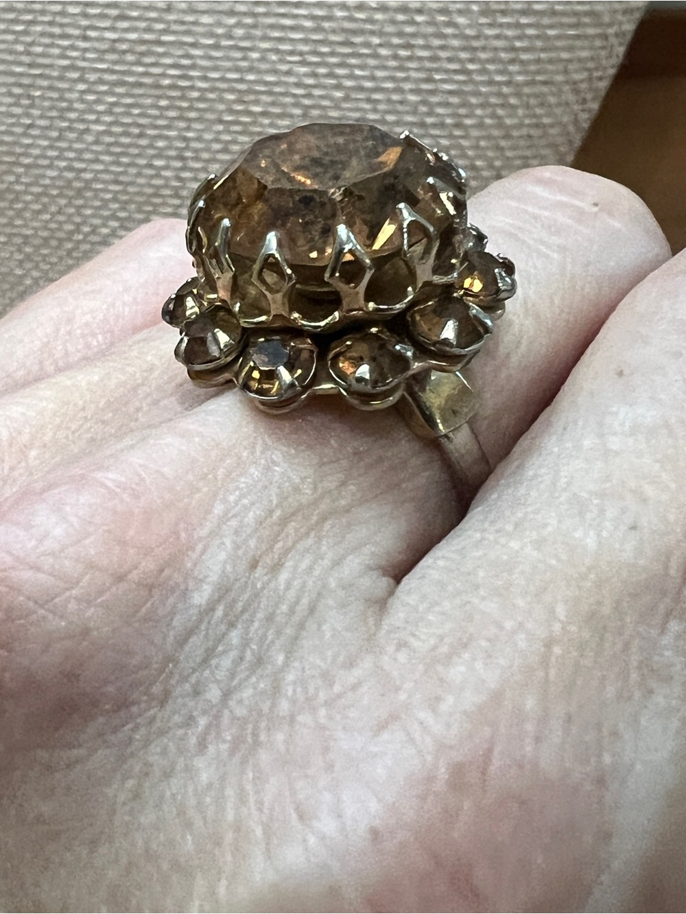 Vintage Gold-Tone Amber Crystal Cocktail Ring - Adjustable - Picture 6 of 10